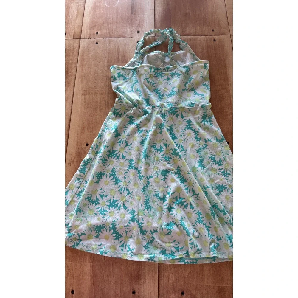 SO Girls XL 14/16 Teal White Daisy Floral‎ Halter Ruffle Strap Sundress Cotton